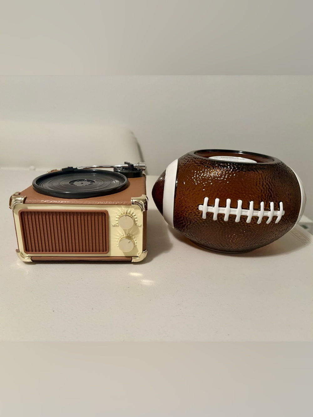 Vintage Record Player & Glass Football Bath Body Works 3-Wick Candle Holders